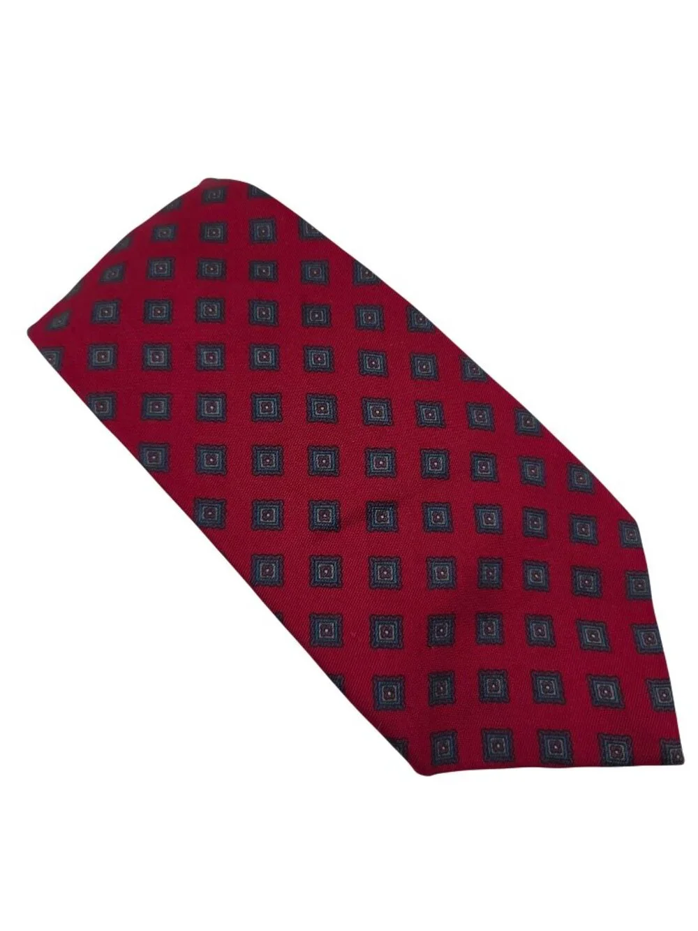 Club Room Tie Mens Silk Red Background Geometric Blue Square Medallion Pattern